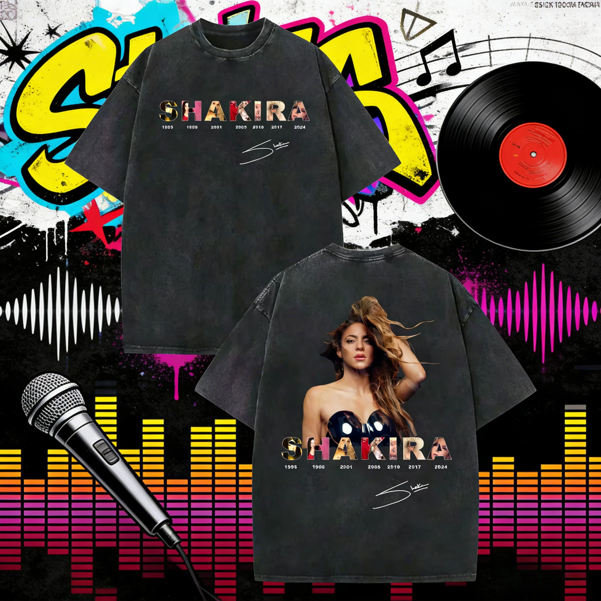 

2025 Summer Retro Washed Shakira T-shirt Men's Street Fashion Hip-hop Retro Cotton Short-sleeved Loose Casual Shirt