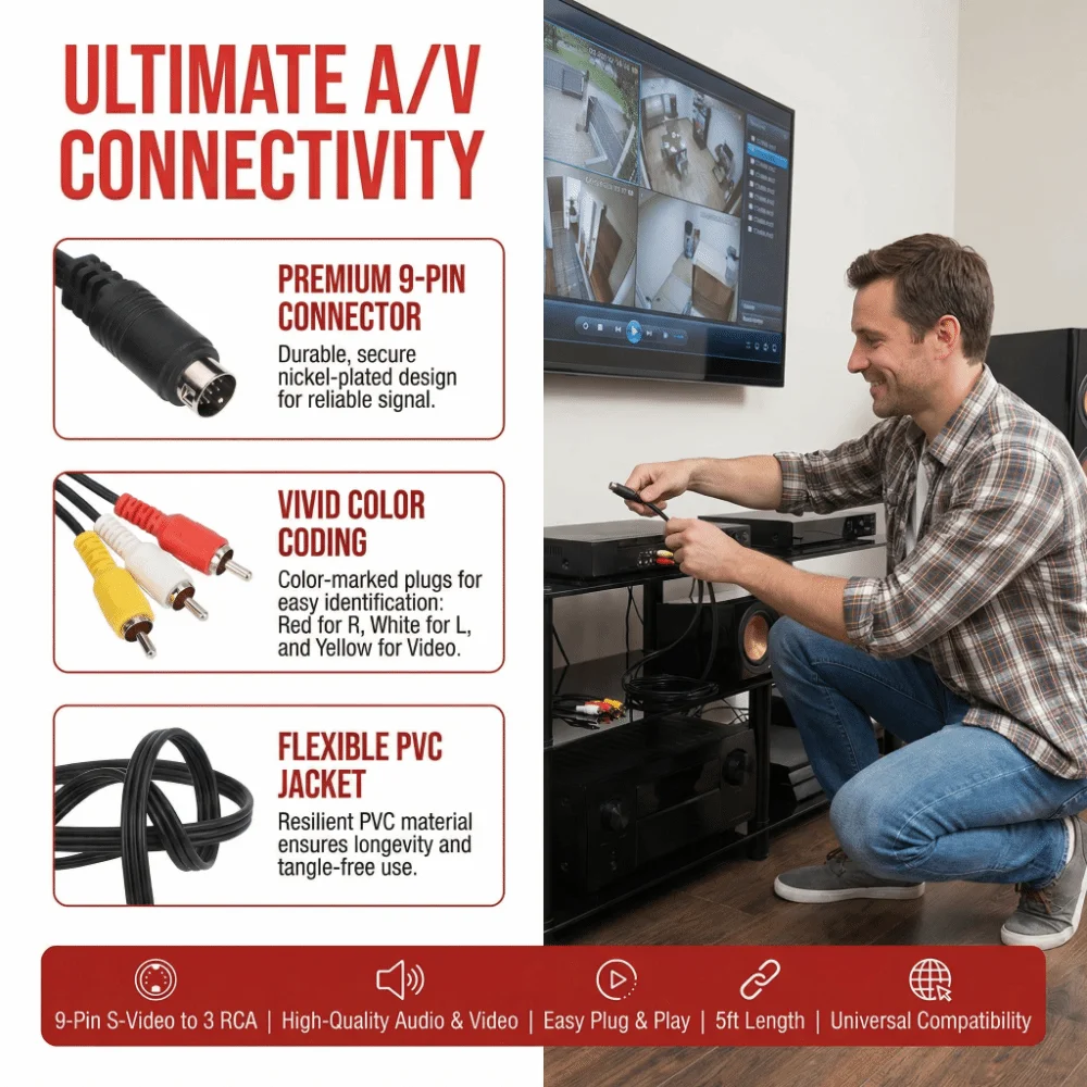 Cable Mini DIN de 9 Pines Macho a 3RCA Macho, Niquelado, 5.9 pies, Cable Adaptador de Audio, Plug and Play, Cable Mini DIN para Receptor de TV AV