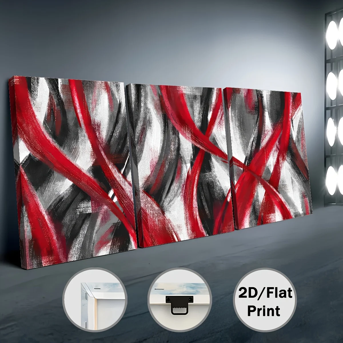 （Noframe 3PCS)-2D Flat, 3-Pack 2D Flat Prints, Framed Canvas and Poster Ready-to-Hang Abstract Wall Art with Red and Black Ge