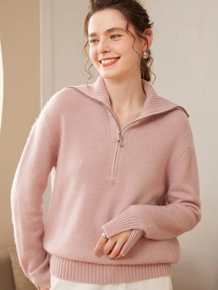 

TLOML Women's 100% Cashmere Sweater Half Zipper Turn Down Collar Pullover Cashmere Knitwear Autumn Winter Thick Soft Casual Tops