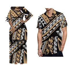 2024 Polynesian Couple Set Pacific Island Women Puletasi Tribal Patterned Set Skirt Loose Top And Skirt Skirt Men'S Shirt