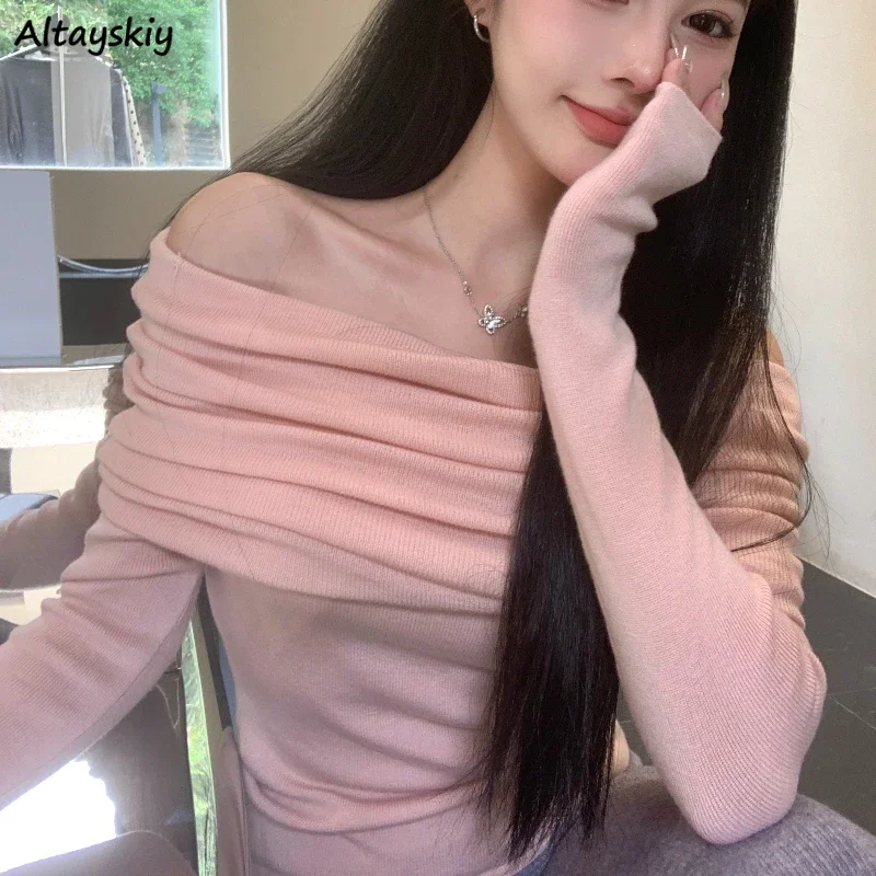 Slash Neck Knitted Pullovers Women Gentle Autumn Seductive Ropa Elegante Para Mujer Fashion All-match Свитер Женский Autumn Soft