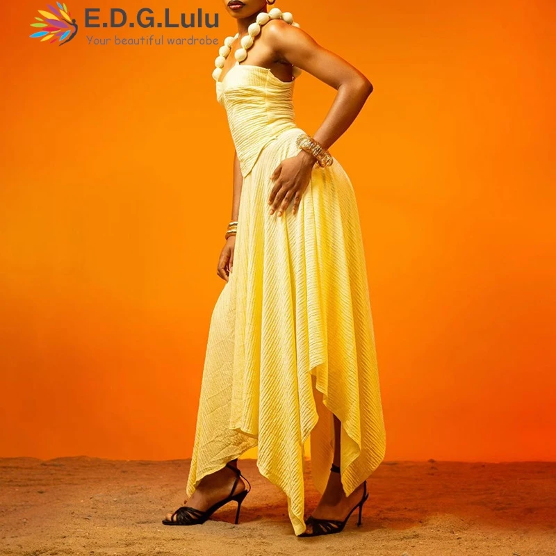 فساتين EDGLuLu بدون أكمام غير متناظرة باللون الأخضر والبرتقالي للمرأة مثيرة برباط ورباط بدون ظهر مطرز بحمالة طويلة 1112