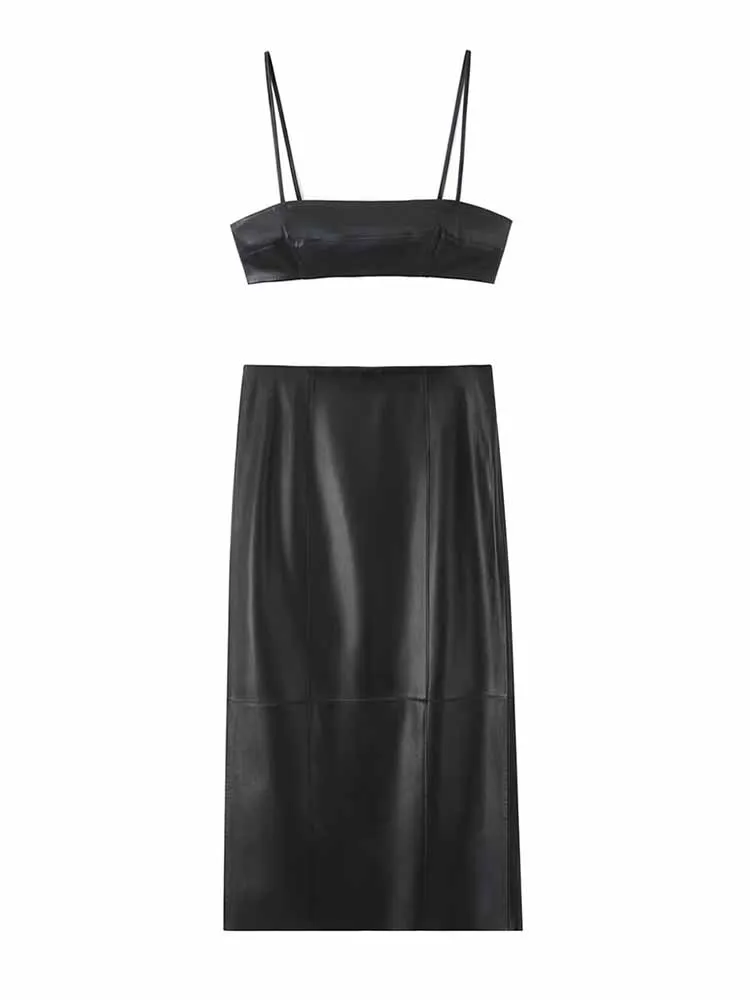 

HH Woman Summer Fashion Party Sexy Artificial Leather Sling Tube Top +Solid Color Mid Length Skirt Female Leisure Two Piece Set