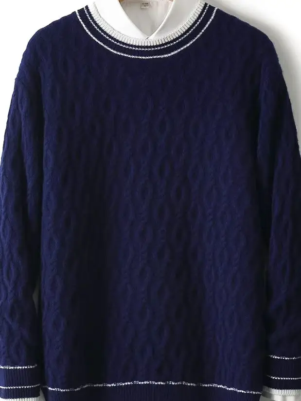 

Chic Pullover Preppy Style Men's Wool Autumn Winter Thick O-Neck Jacquard Sweater 100% Merino Wool Knitwear Contrast Color Tops