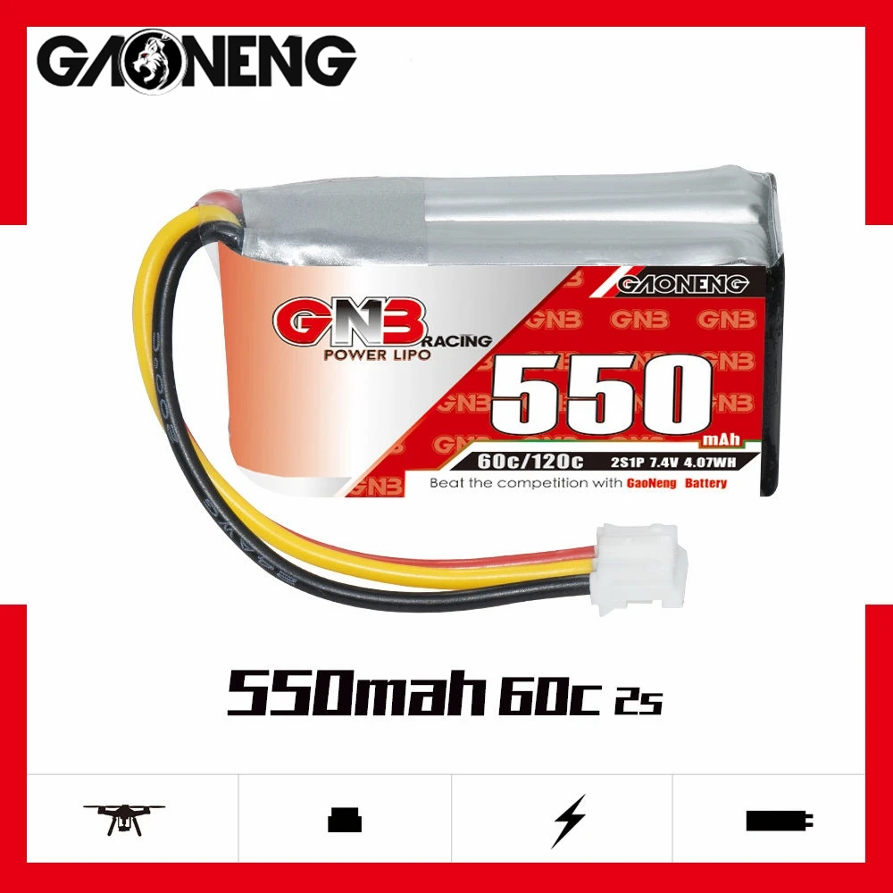 

2PCS Gaoneng GNB 550mAh 2S1P 7.4V 60C LiPo Battery with PH2.0 3PIN Plug for 1:28 RC Car Drift Mini-Z FPV Drone Parts