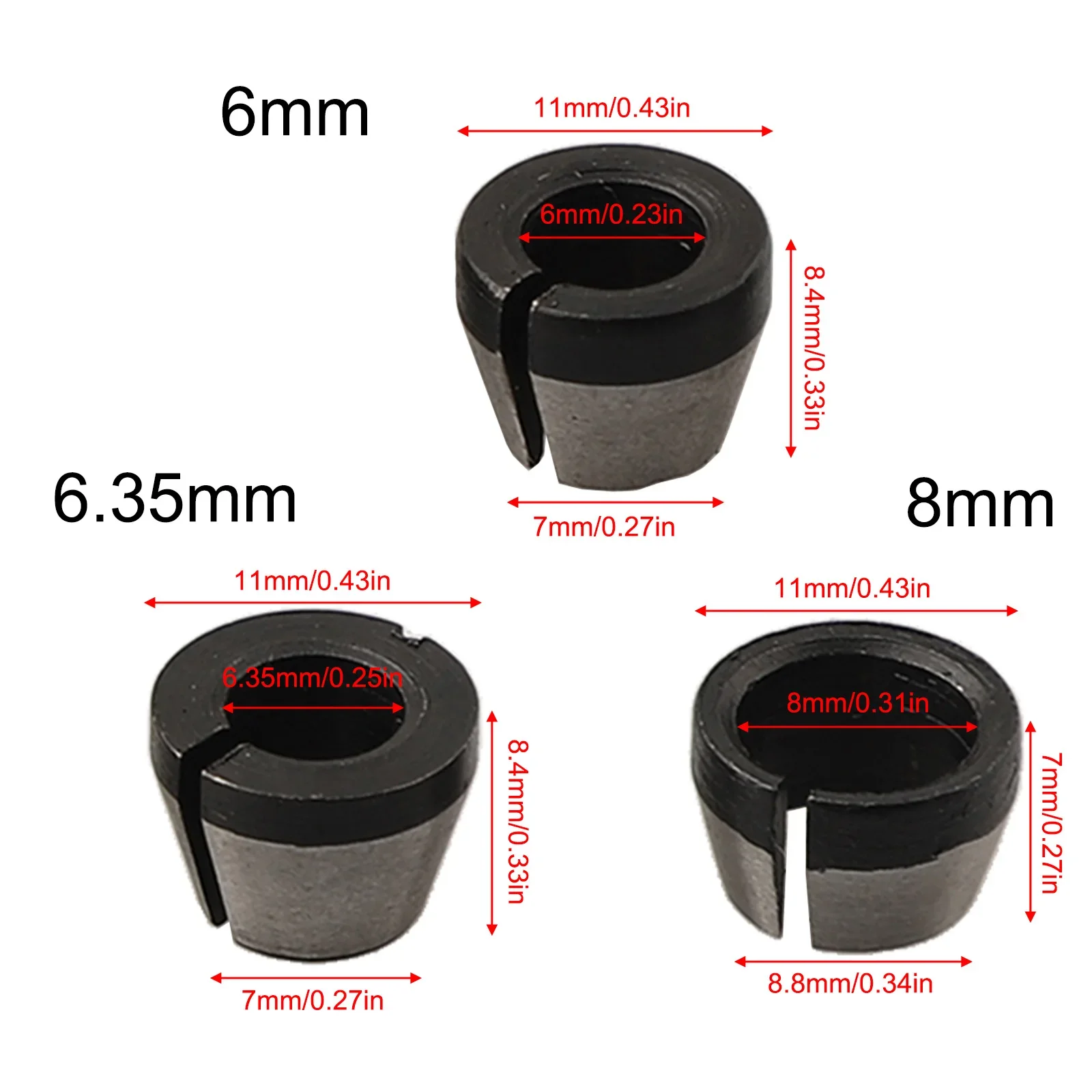 3pc 6/ 6.35/8mm Collet Chuck With 2pc NutsFor Engraving Trimming Machine Electric Router Carbon Steel Replace Accessories