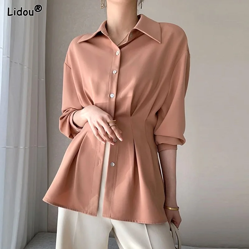 Elegant Fashion Casual Korean Sexy Blouses Creative Solid Color Button Turn-down Collar Tops Spring Summer Women's Clothing Thin