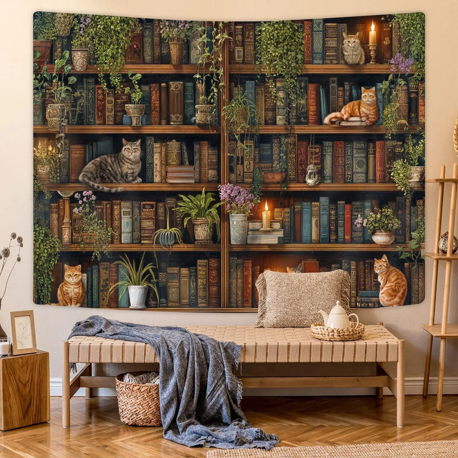 Magic Library Tapestry,Green Nature Plant Bookshelf Tapestries for Classroom, Vintage Retro Witchy Library Book Gothic Academics