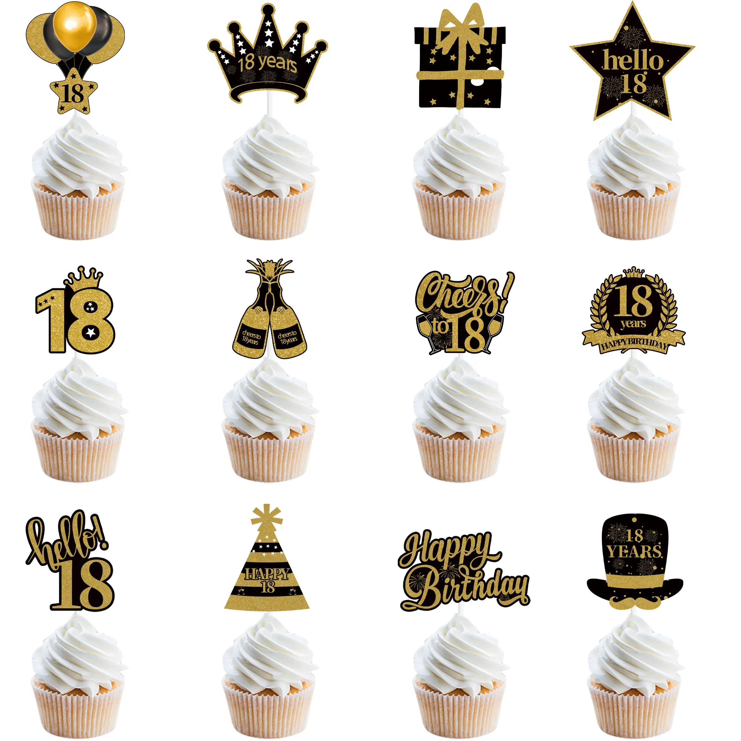 12Pcs 30th 40th 50th 60th Birthday Party Black Gold Cake Toppers Adult Birthday Anniversary 18 30 40 50 Year Birthday Supplies