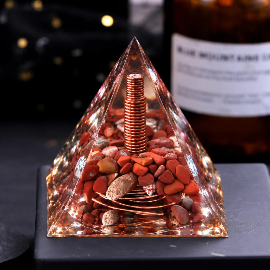 Orgone Pyramid with Spiral Copper Wire Natural Red Jasper Gravel Orgonite Energy Generator Meditation Ornament Crystal Gift