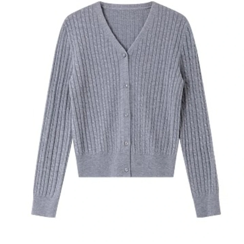 VIMLY Wool Blend Cable Knit Cardigan Women Knitwear Fashion Ladies French V-neck Long Sleeve Knit Top 2025 Autumn Clothes 73926