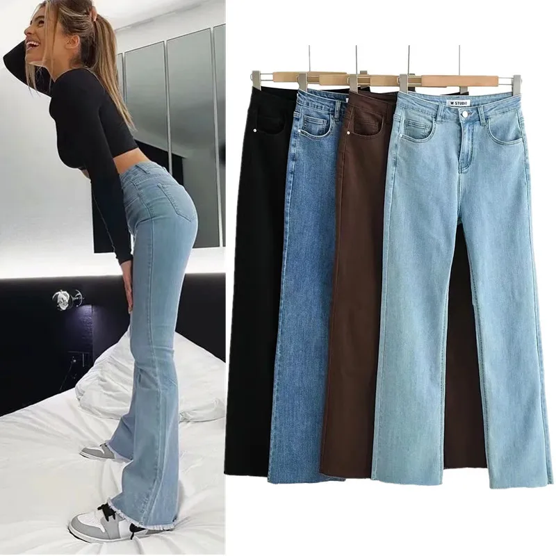 Jeans de cintura alta micro-queimado feminino, vintage emagrecedor, calça reta elástica, bolsos, jeans fino, fundo de sino elástico, novo