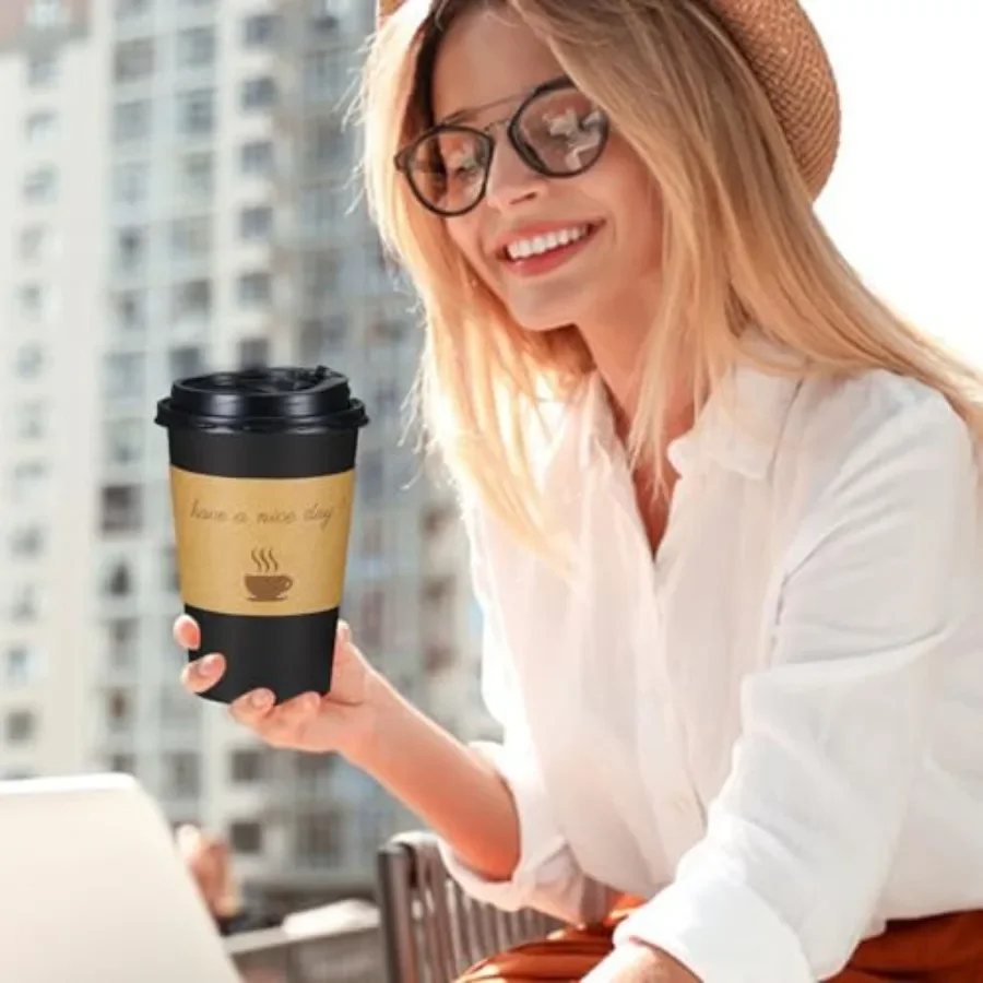 500 Pack 16 oz Disposable To Go Paper Coffee Cups with Lid for Cafe Travel and Home Use Hot Insulated Cups with Lids Stir Stick view 4