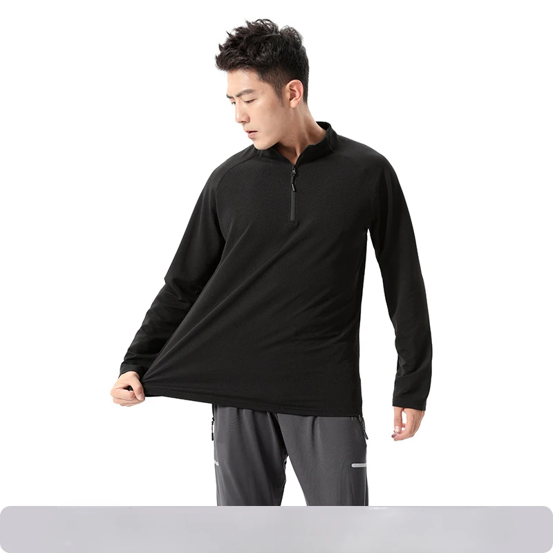 Outdoor long sleeved standing neck running fitness breathable and quick drying half zip t-shirt men clothing