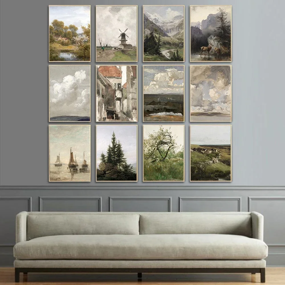 

European Country Landscape Forest Deer Sky Poster Vintage Art Prints Portrait Sailboat Canvas Painting Wall Pictures Home Decor