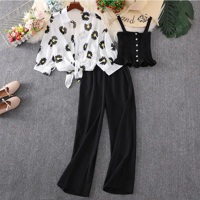 Women\'s Summer Chic Daisy Print Chiffon Sun Shirt Sling Wide Leg Pants 3 Piece Set Korean Casual Lady Graceful Outfits 2023 New