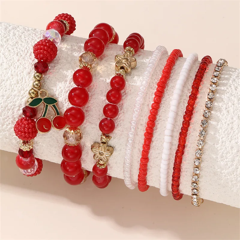 8pcs/set Cherry Bracelet for Girls – Red Beads & Lucky Charms, a Sweet Festive Treat for Little Ones.