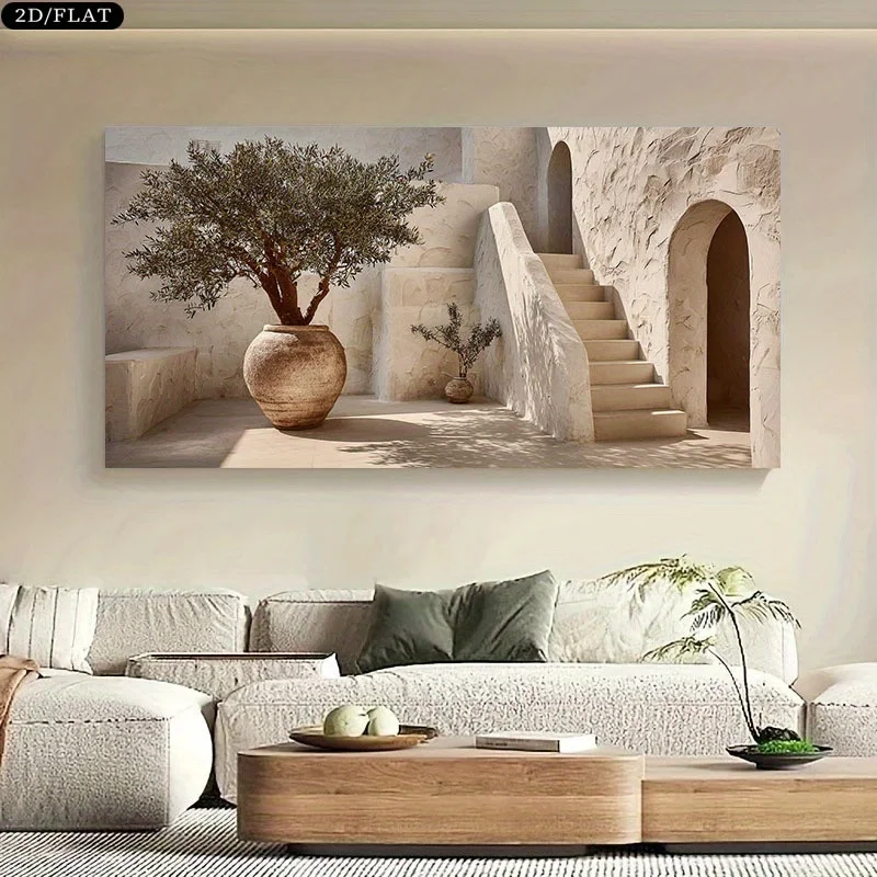 2d Flat,Canvas Artist's Home  Painting,for Large Mural Posters in Living Rooms,Porches,Desert Oases with Olive Trees and Stairs