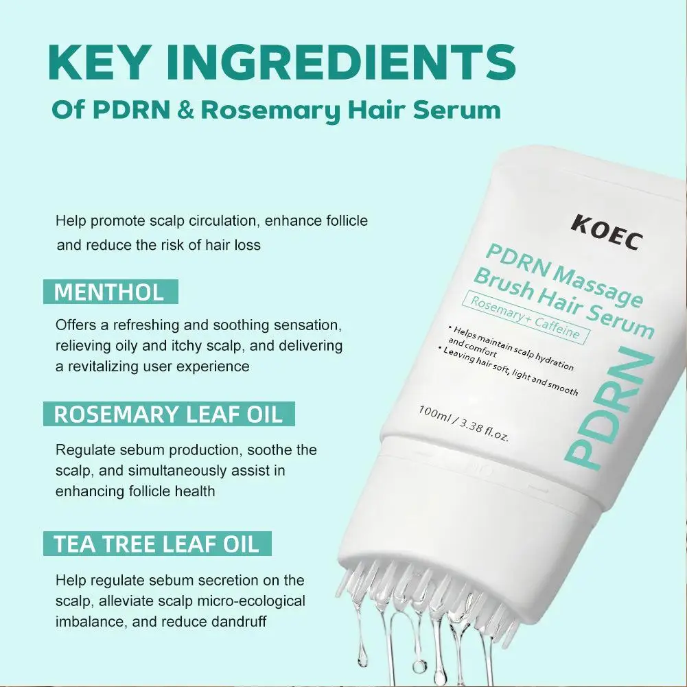 KOEC PDRN Rosemary Hair Growth Serum Built-In Massage Brush Refreshing Cool Scalp Essence Lightweight Scalp Nourishing Serum