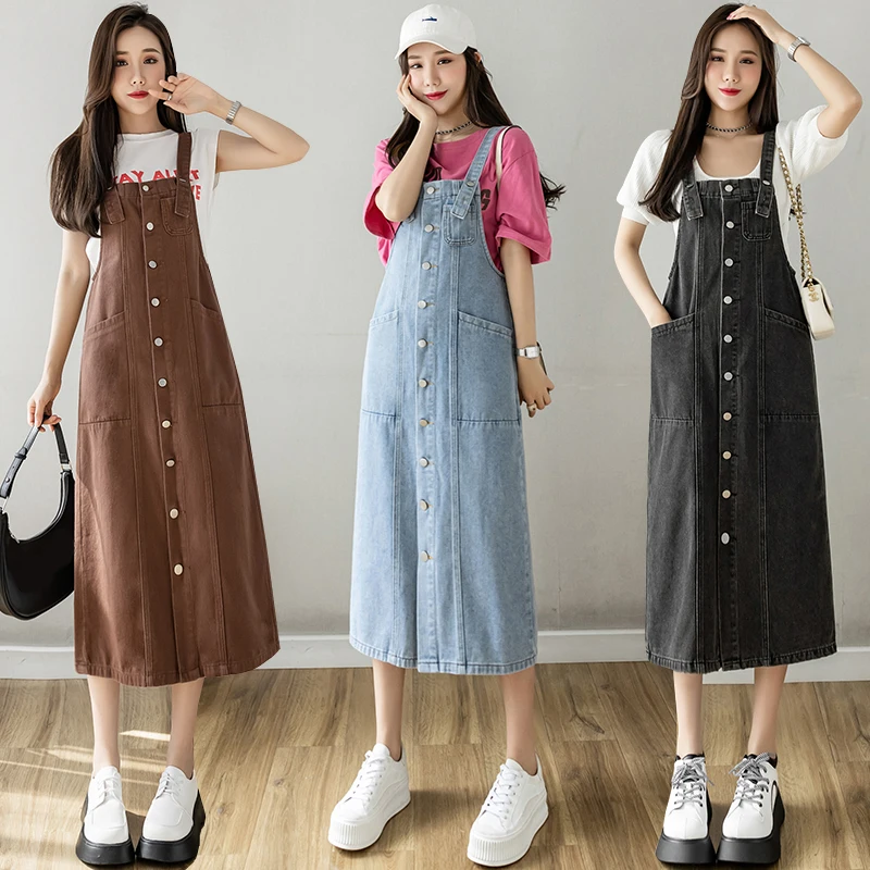 

Korean Fashion Women Denim Dresses S-5XL Sleeveless Solid Loose Strap Maxi Dress Spring Female Casual Jean Frock