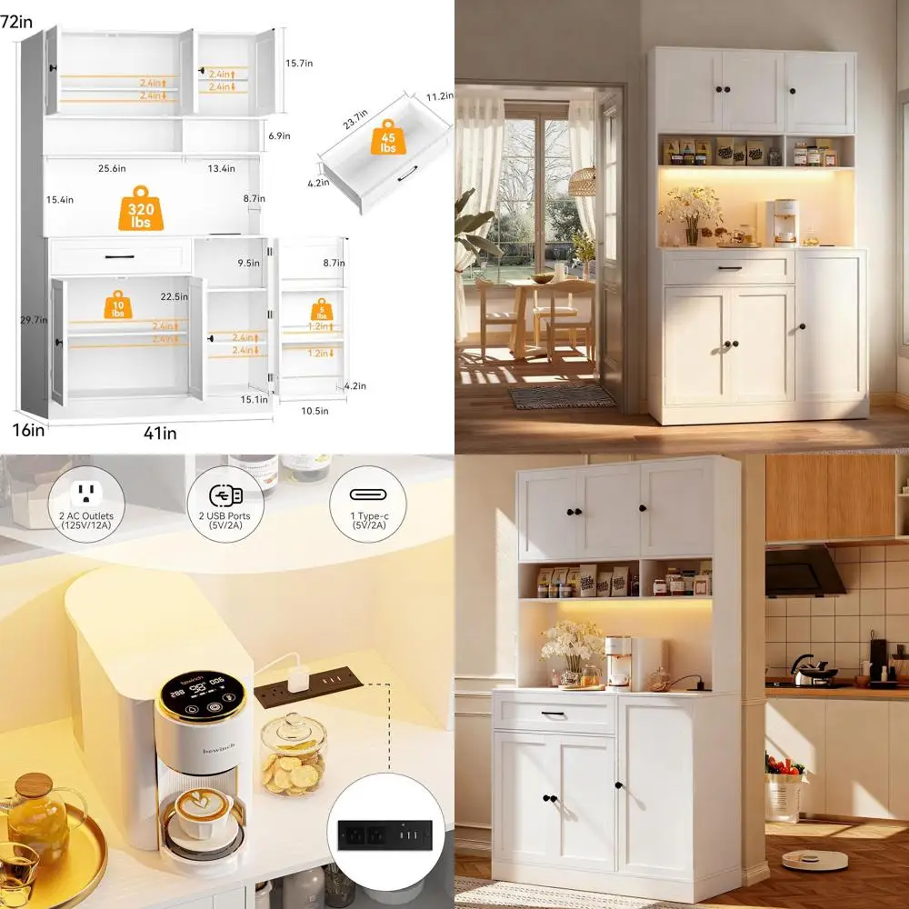 

Белый высокий шкаф для хранения (72 дюйма) с LED-подсветкой, зарядной станцией и регулируемыми полками