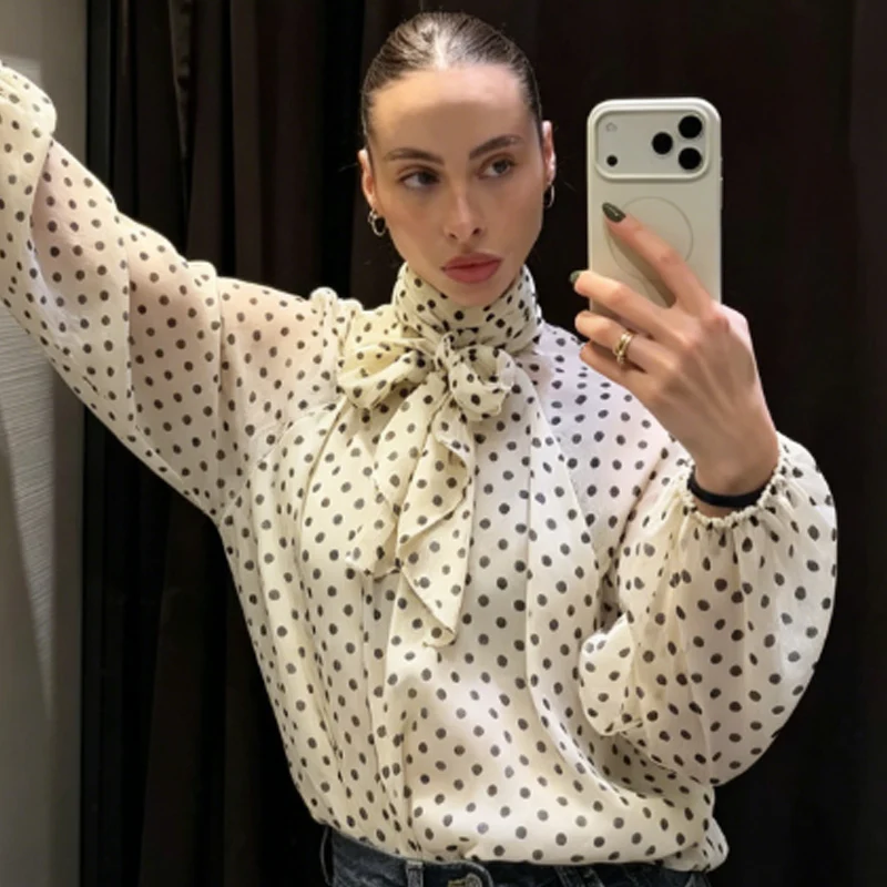 HXAO Polka Dot Oversized Top Women's Blouse Summer 2026 Boho Brown White Shirt Chiffon See -Through Long Sleeve Tops For Woman