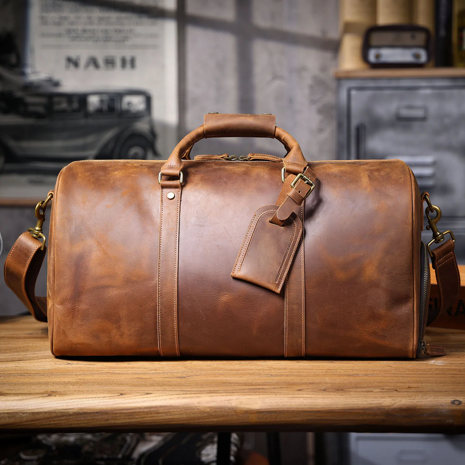 S.WORKER Vintage Vollnarbenleder Herren-Reisetasche Handgefertigte Weekender-Reisetasche – Detail 8
