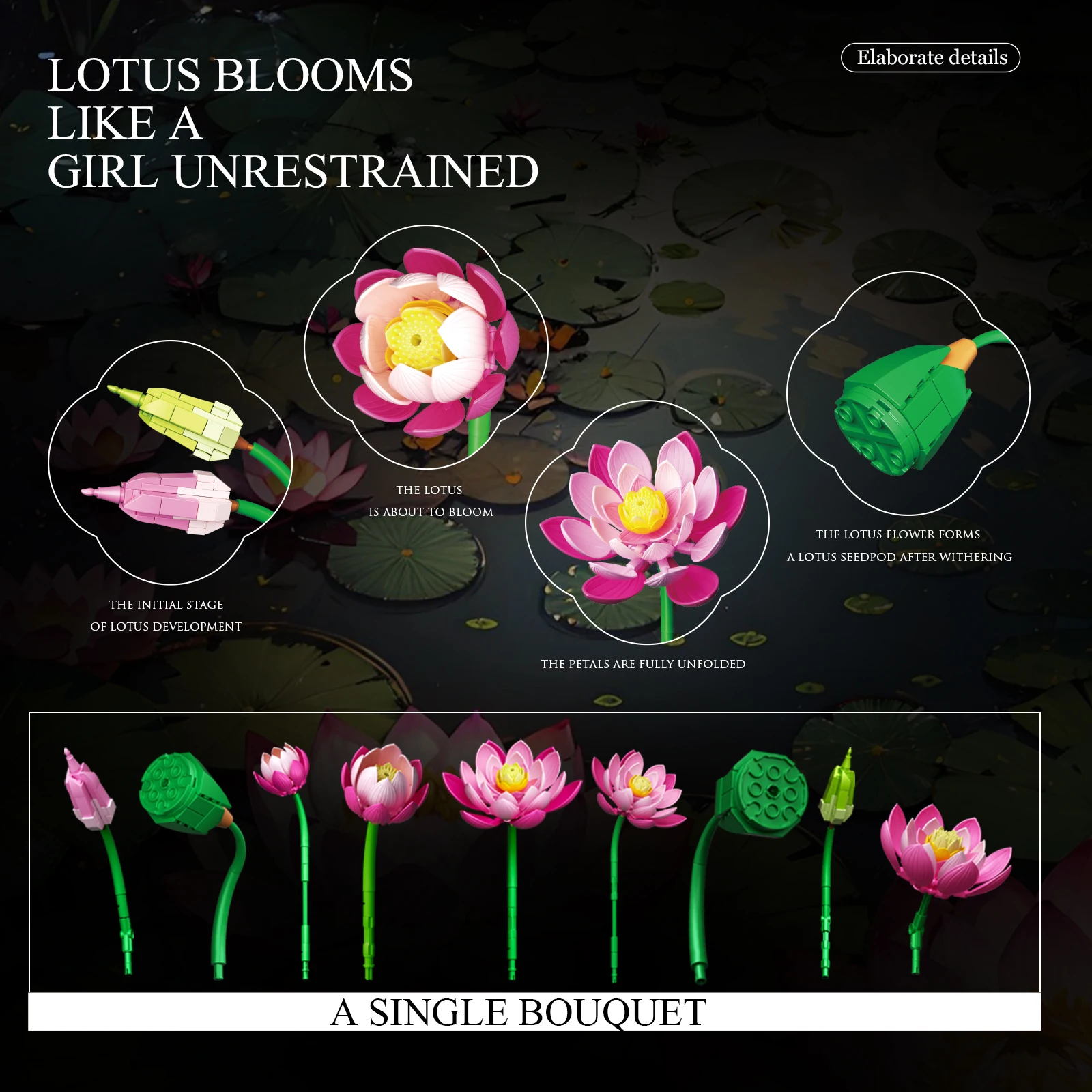 

11007 710pcs Lotus Flower Simulation Bouquet Model Kit Small Particle Building Blocks DIY Craft Toy