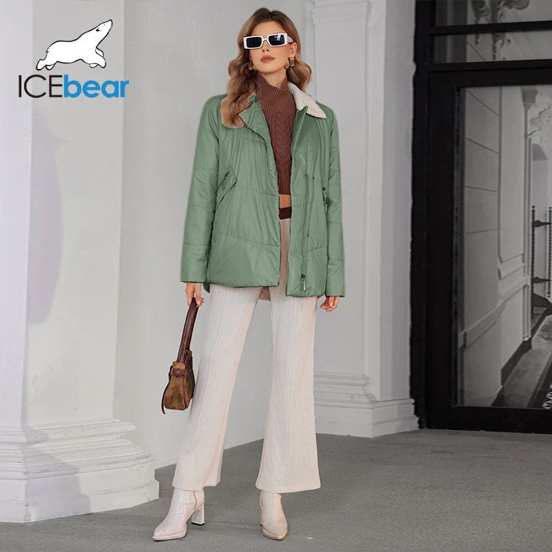 ICEbear 2024 New Spring Women\'s Coat Short Thin Cotton Slim Parkas Slant Pockets Hooded Zipper Style Women Jacket GWC4795I