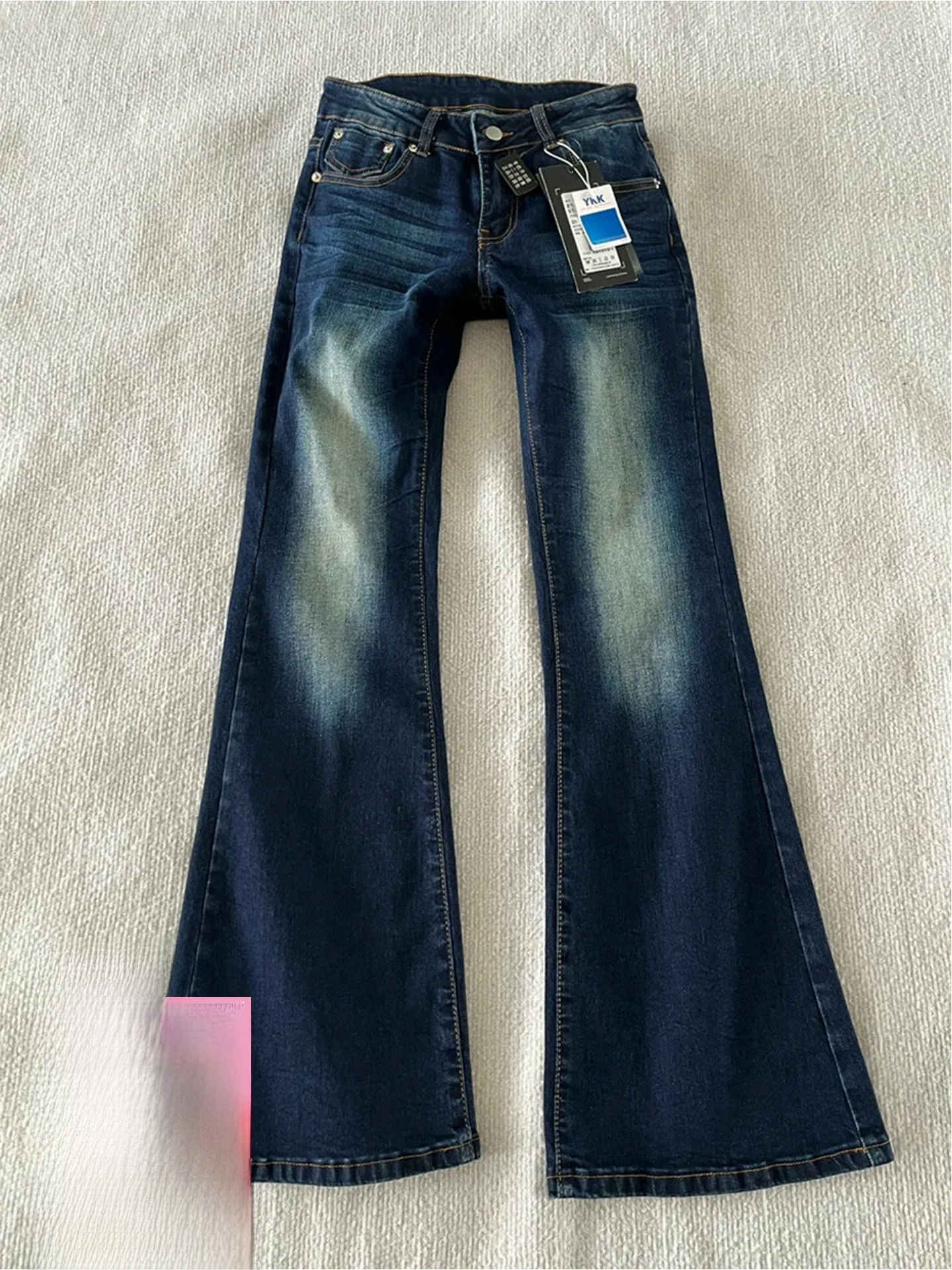 

Женские джинсы-клеш Slim Fit из денима, лето 2026, винтажные, с эффектом потертости, повседневные, с высокой талией, широкие штанины, синие