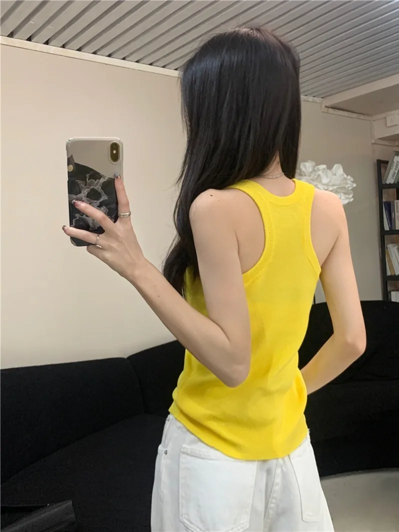 Débardeur rétro américain pour femme, vêtement intérieur amincissant d'été, haut jaune sexy sans manches, inscription 'No Sve Work'