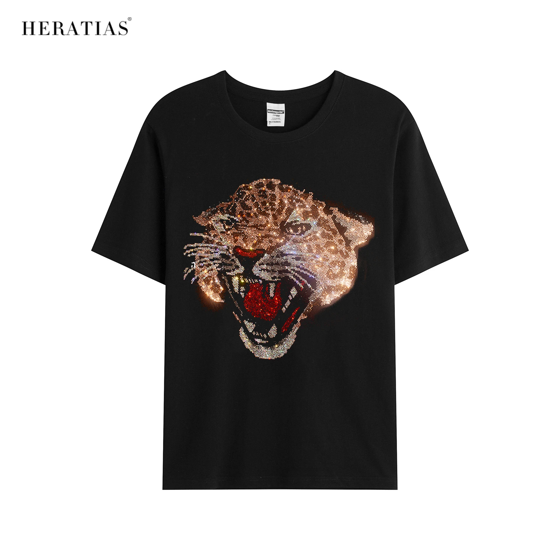 Hot sale high quality men's summer casual T-shirt European and American fashion hot rhinestone flash fierce cheetah T-shirt