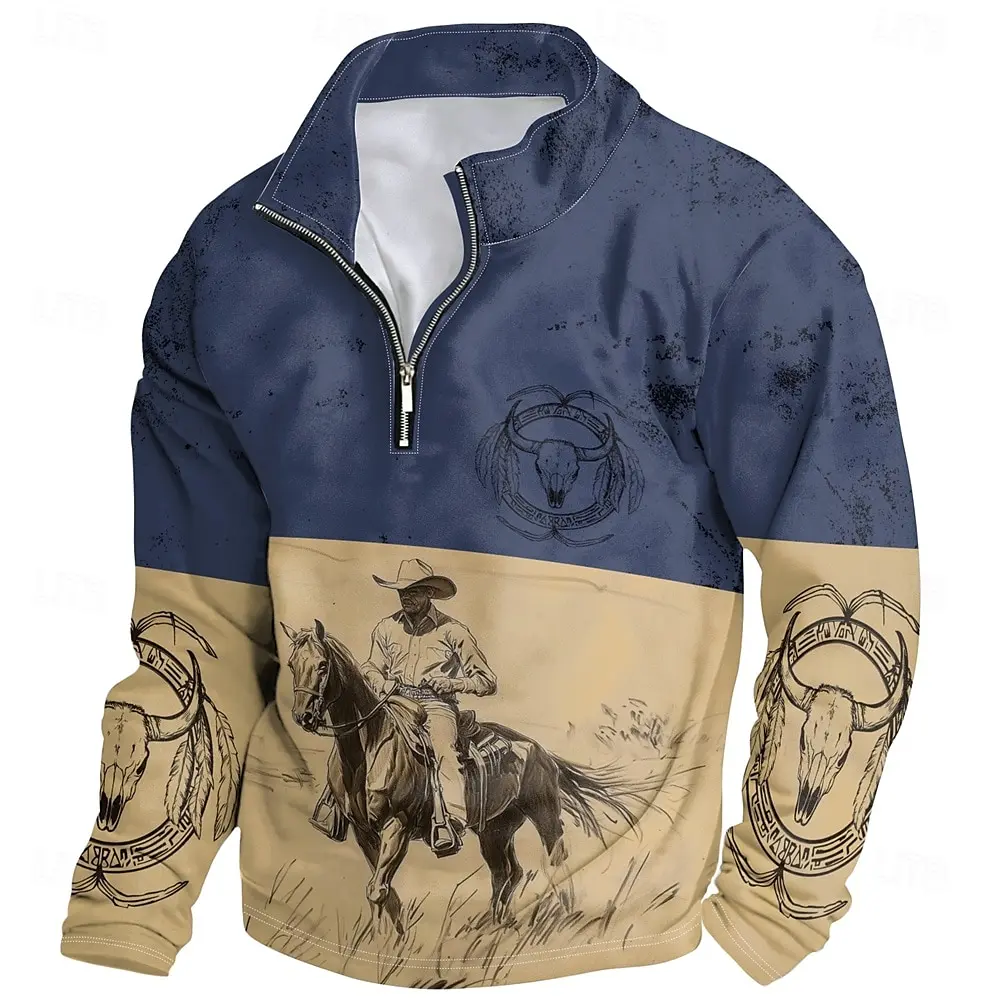 

3D Milu Deer Print Half Zip Long Sleeve Sweatshirts Fashion Stand Collar Men's Loose Tops Casual Pullover Autumn Vintage Clothes
