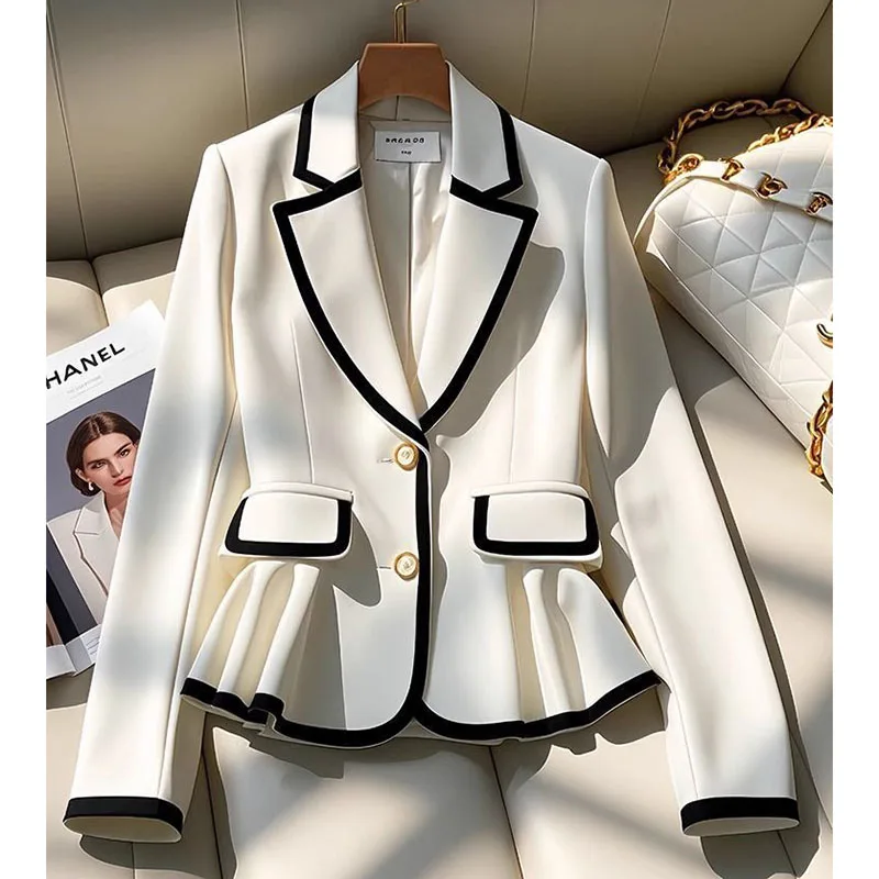 LadiesFashion New Retro Suit Jacket Female Design Sense High-End Joker Fashion Waist Small Suit Button V-neck Unique Simple Coat