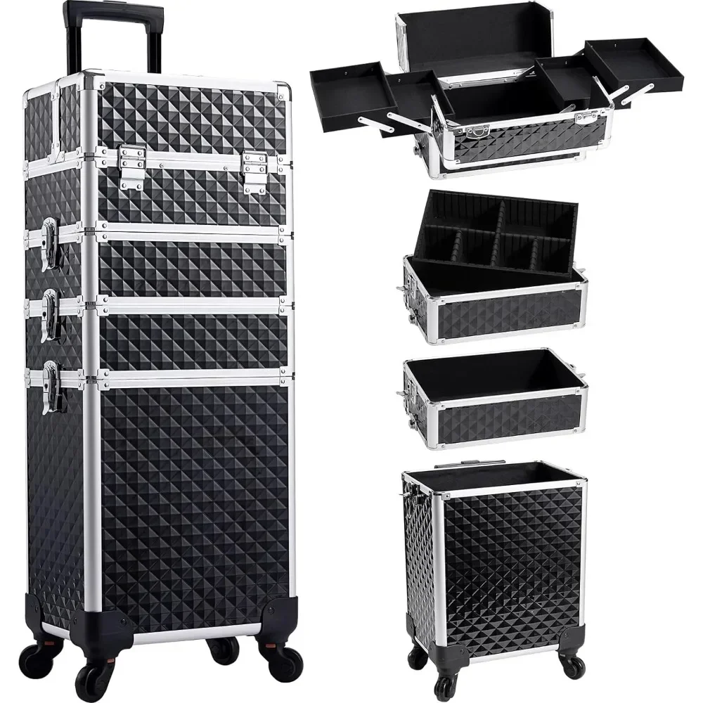 Makeup Storage Organizer Black Cosmetic Box Cosmetic Makeup Trolley Cart Travel Cosmetology Case On Wheels With Key Hairstylists