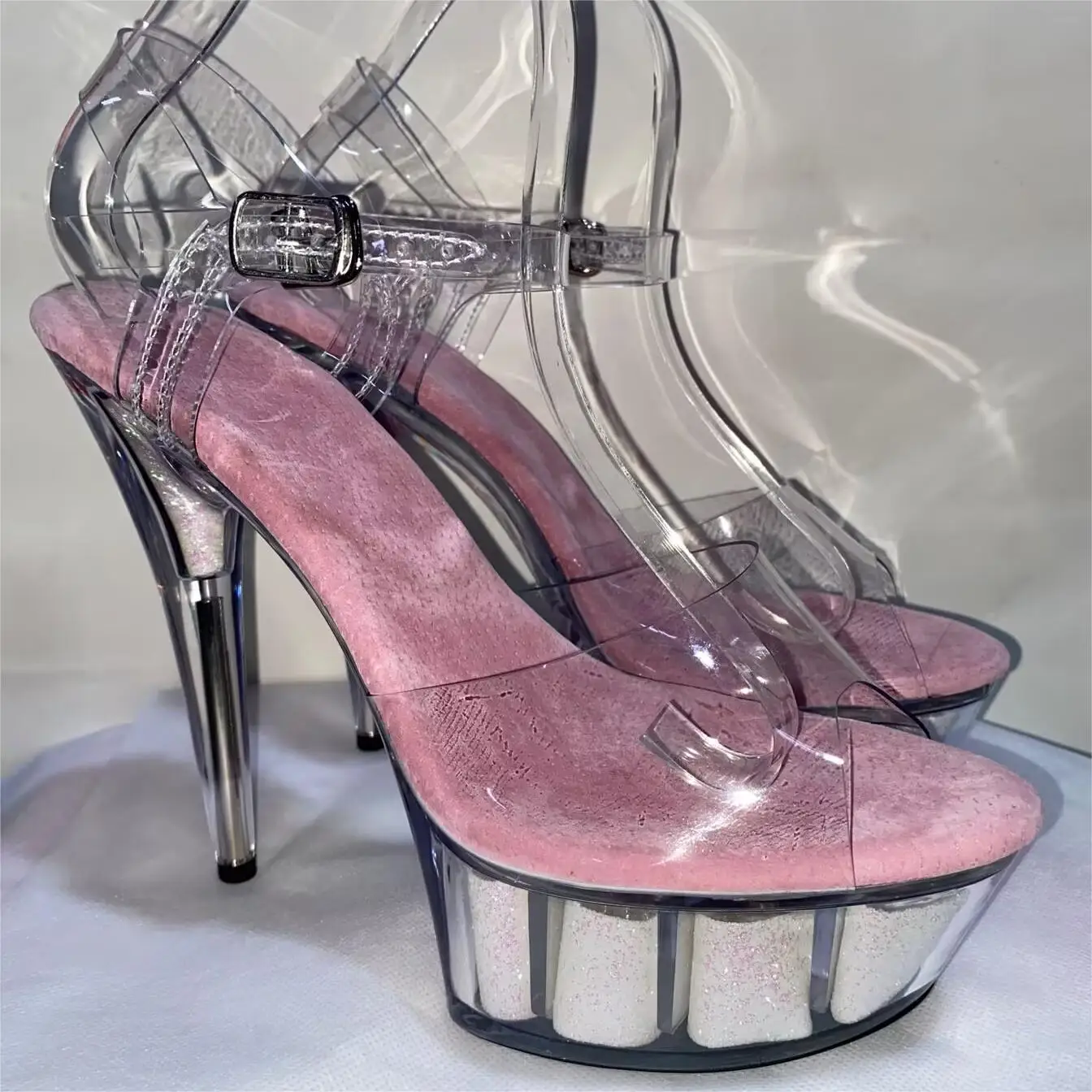 

Sexy high heels, 15cm high quality transparent sandals for summer wedding banquet, model stage runway dance shoes