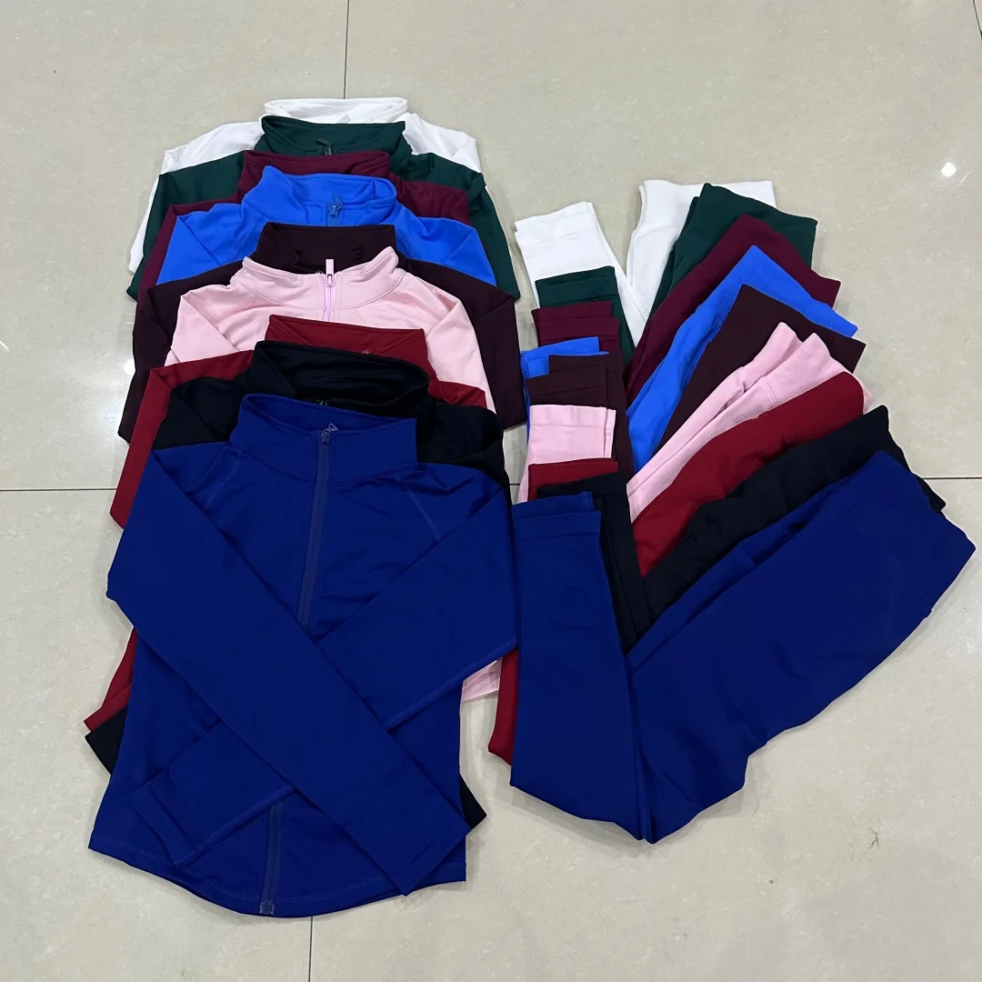 Women's 2PcS Long Sleeve Zipper Gym Top Leggings Set Yoga Running Shirt Fitness Sports Clothing Pants Ensemble