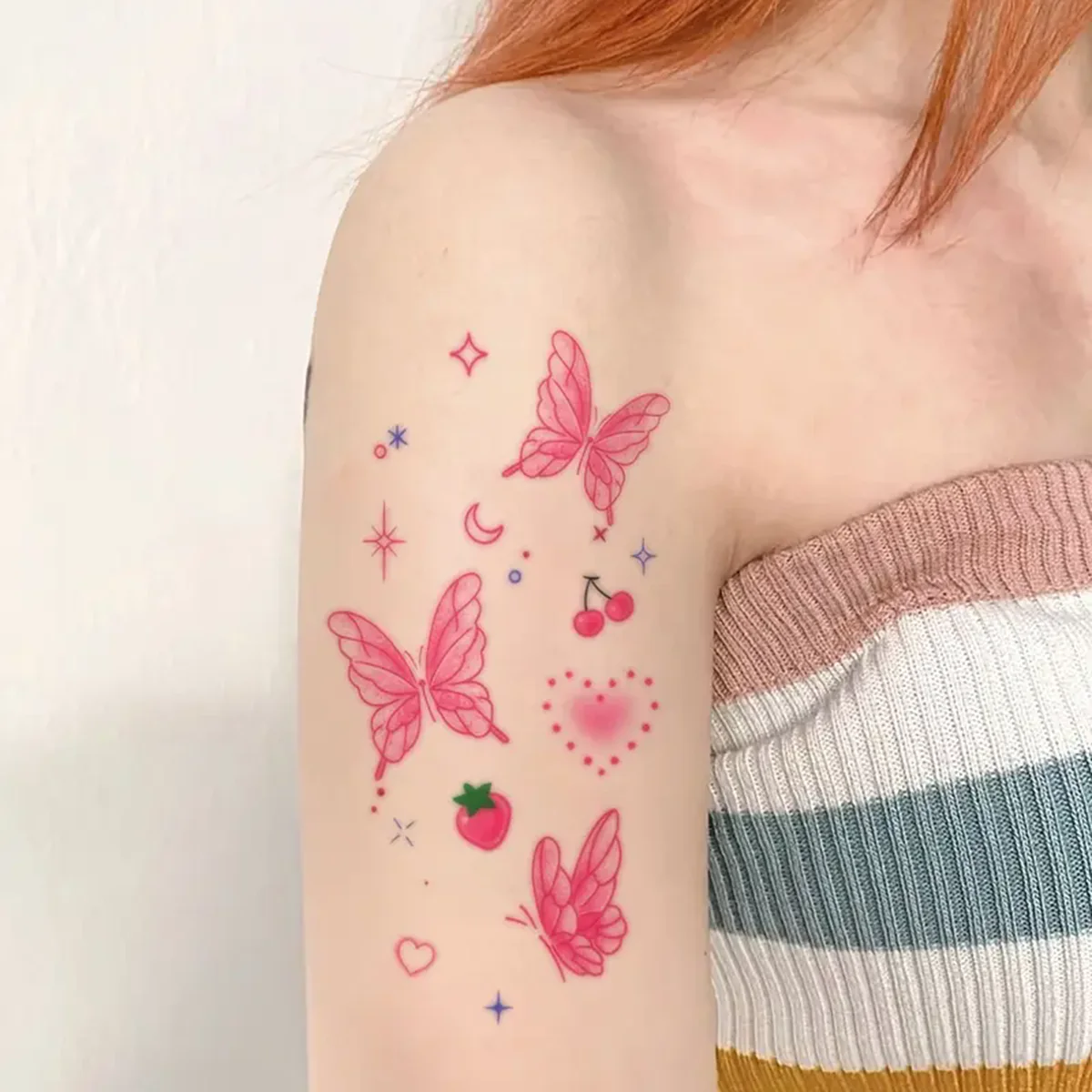 1 Sheet Temporary Tattoo, Strawberry Butterfly Pattern Tattoo Sticker, Waterproof Long Lasting Unscented Temporary Tattoo Y2K