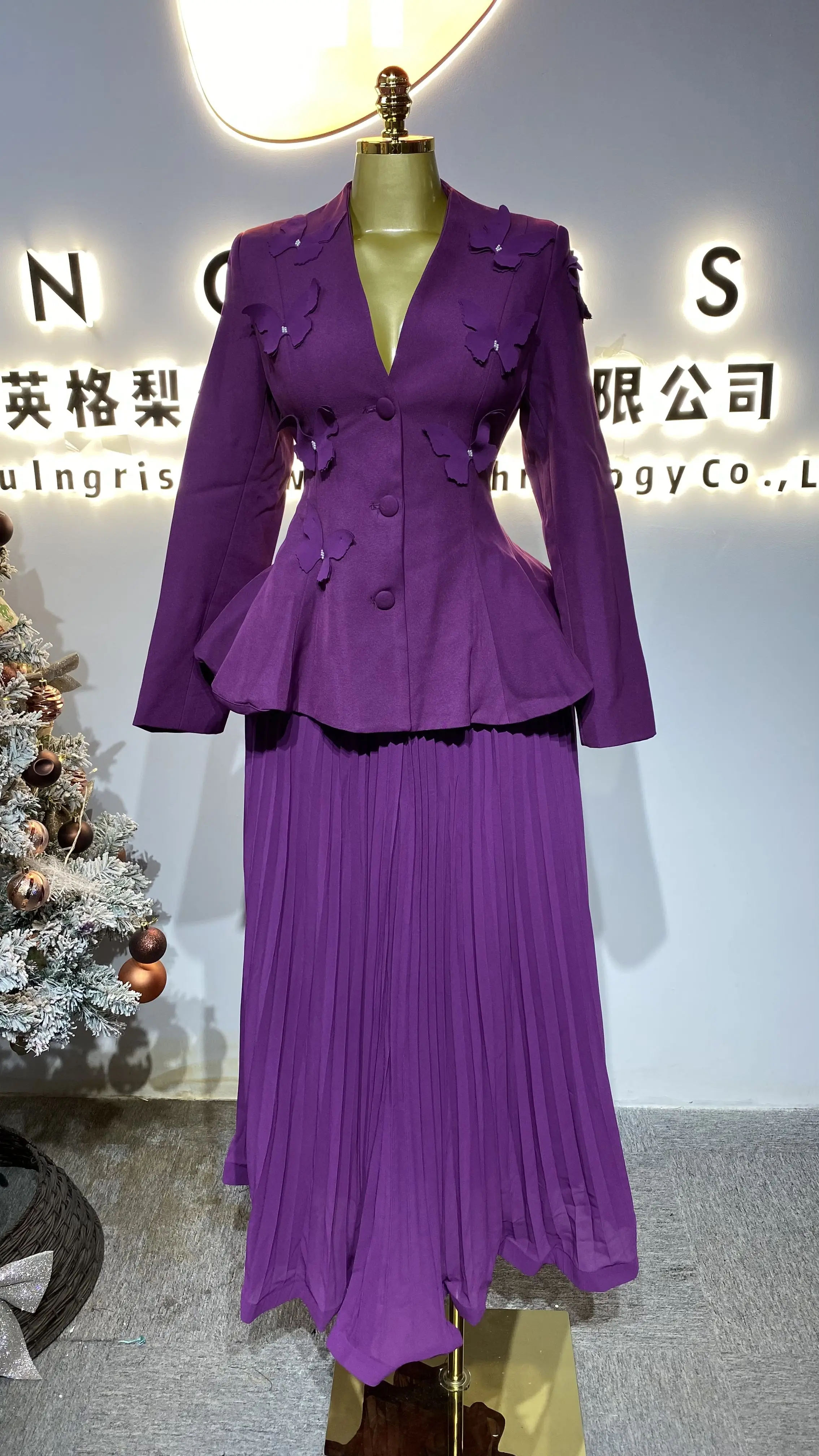 فستان أنيق غير منتظم، رقبة دائرية نسائية كاجوال، أكمام منتفخة وردية، تنورة مطوية كلاسيكية-GZXX276