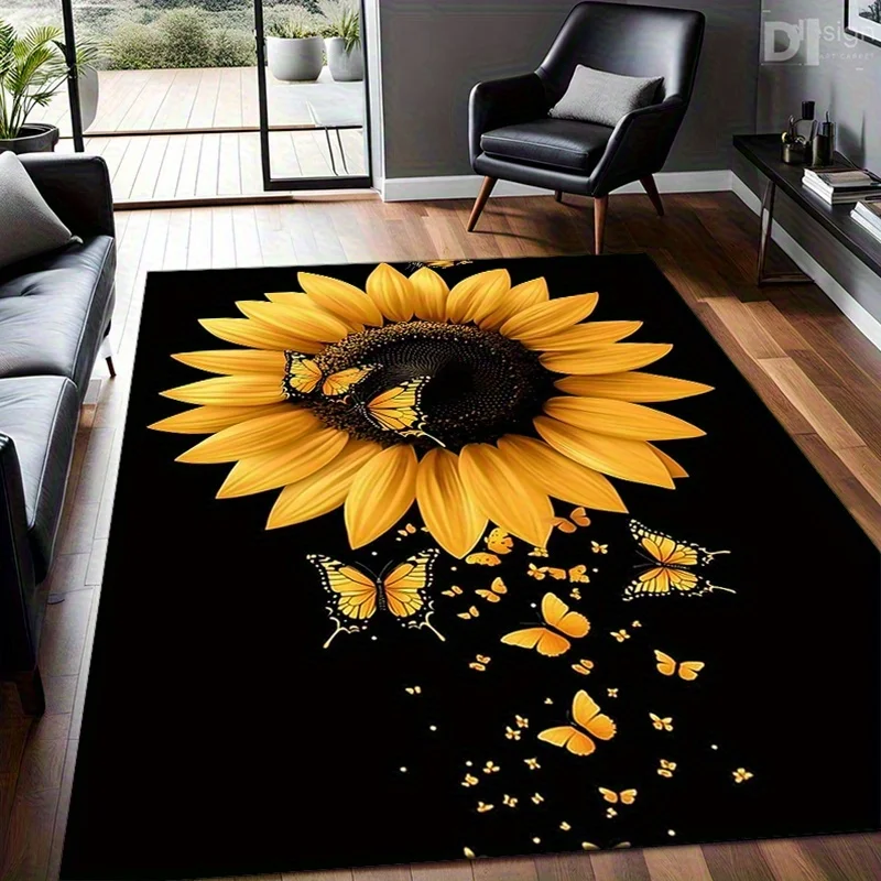Bright Sunflower‑Butterfly Floral Area Rug, Non‑Slip Machine‑Washable for Living Room Bedroom Patio Indoor Outdoor Decor