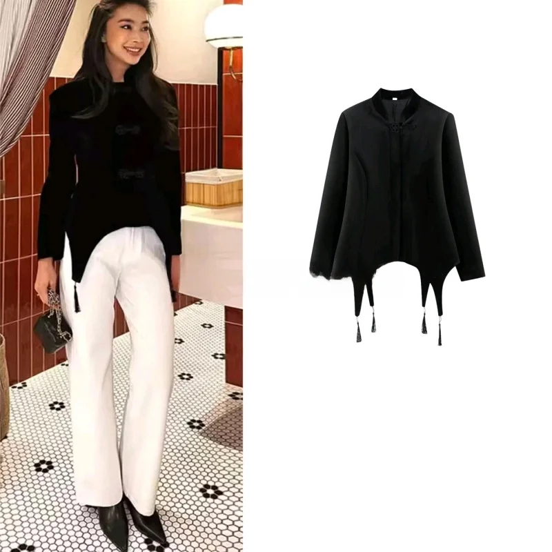 

Spring New Arrival Women's Slim Fit Jacket Stand Collar Long Sleeve Multi-Button Tassel Decorated Short Coat Outerwear