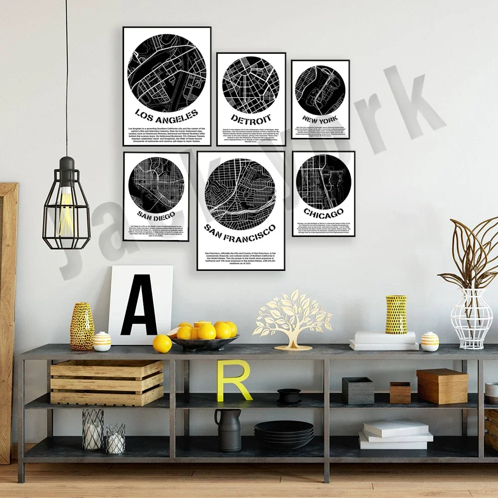 San Jose, Philadelphia, Los Angeles, Detroit, Boston, Oklahoma, San Diego, New York, Chicago black and white city map poster