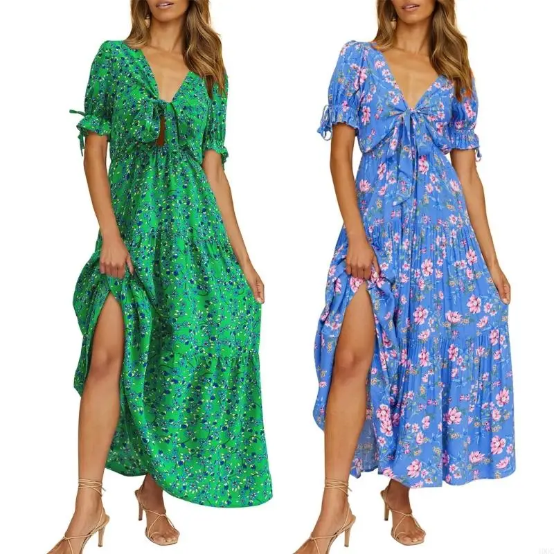 40gc vrouwen zomer ruches korte mouw swing a-line jurk v-hals stropdaan front boho bloemenprint gelaagde flowy maxi-long jurken