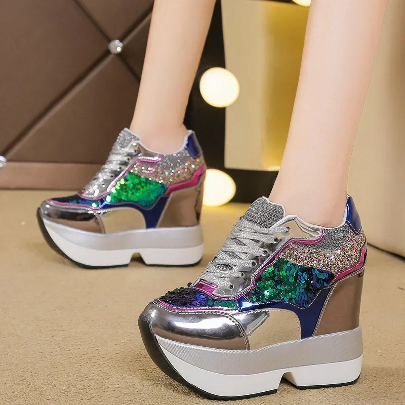 2024 Fashion White Sneakers Women\'s Platform Wedge Casual Shoes Height Increasi Shoe 10 CM Thick Sole Chunky Sequins Lady Autumn