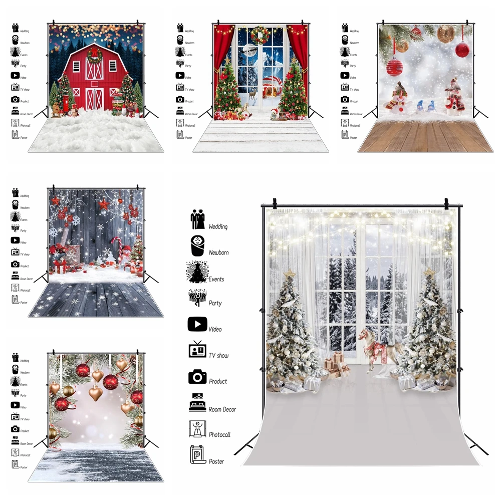 Christmas Backdrop for Photography Xmas Tree Toys Window Winter Snow Wood Floor Baby Portrait Family Party Photo Background