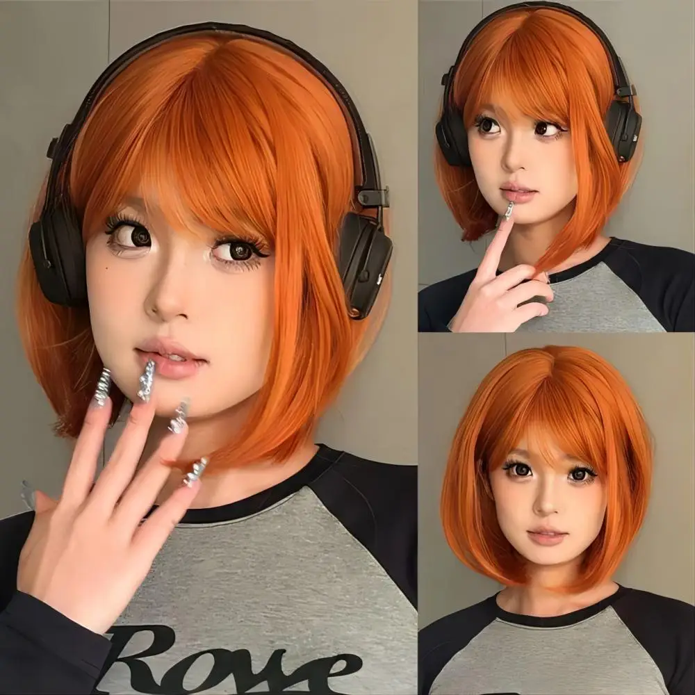 Orange Synthetic Wig Short Straight Lolita Wig Natural Bangs Halloween Bob Hair Women Cosplay Daily Wear Full Headgear