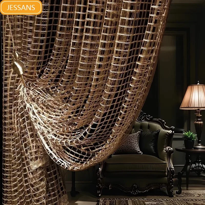 New Customized Metal Dark Coffee Woven Lattice Jacquard Hollowed Out Window Screens for Living Room Bedroom French Window