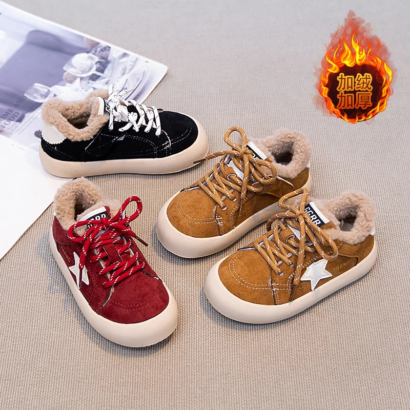 Kids'Casual Shoes PU Leather Star Solid Color Winter Fashion Sports Shoes For Children Warm Anti-slip Black Red Size 26-37