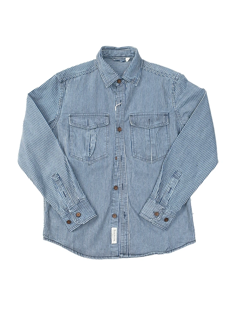 

Retro American Waed Denim Workwear irt Casual Loose Long Sve Thiened Cotton Striped Classic Cheered Autumn irt